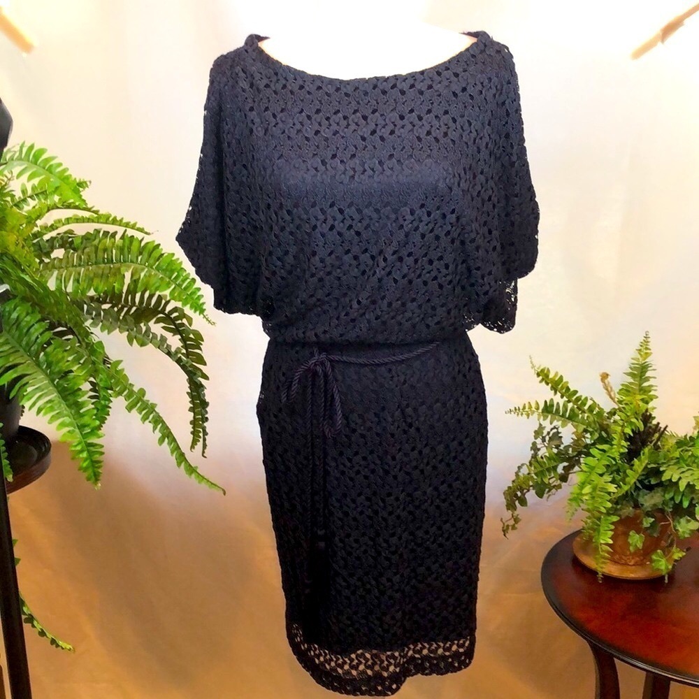 Jessica Howard Navy Blue Crochet Lace Dress Bateau Neckline Women’s Size 6 EUC - Picture 5 of 14